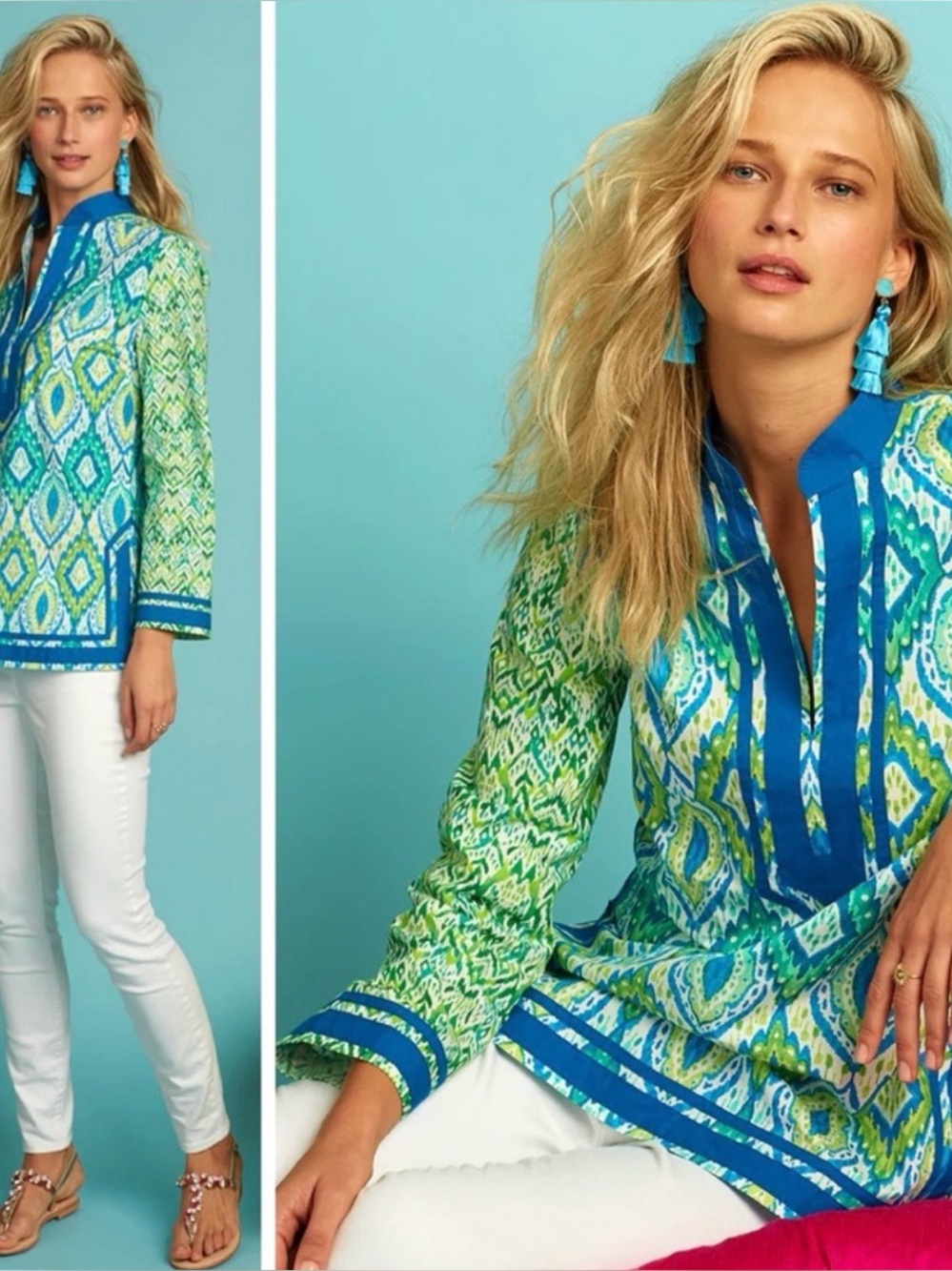Nicobar Jungle Green Ikat Tunic – 3X, Crisp Cotton, Azul Trim